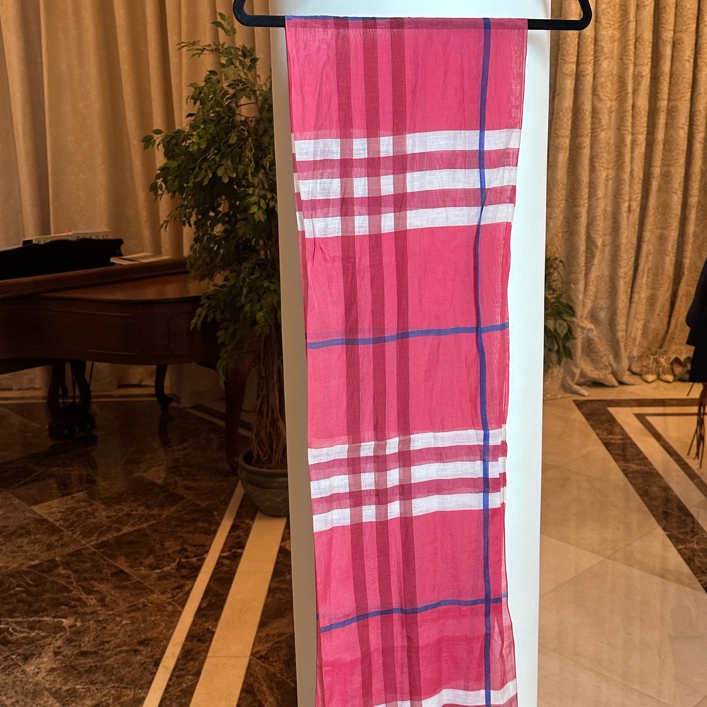 Burberry Vibrant Pink Check Long Scarf | Lightweight Designer Accessory - Picture 2 of 4